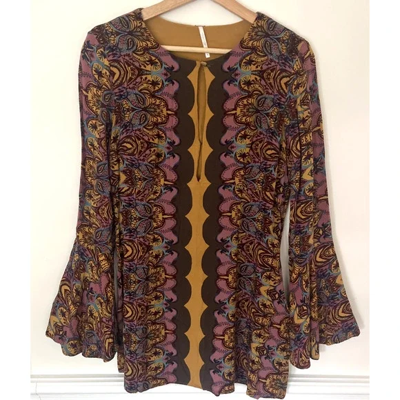 Free People Ossie Vibes Bell Sleeve Dress Tunic Gold Purple Boho Retro Size 10 - Picture 2 of 8
